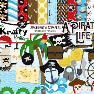 A PIRATE&#39;S LIFE Digital Clipart & Papers Kit, 29 png Cliparts, 12 jpeg Papers Instant Download flag map sword canon helm treasure ship waves