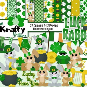LUCKY RABBIT Clipart & Papers Kit, 27 png Cliparts, 12 jpeg Papers Instant Download, four leaf clover, 4 leaf clover, harp, gold coin, irish