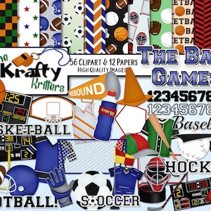 THE BALL GAMES (Boy) Clipart & Papers Kit, 56 png Cliparts, 12 jpeg Papers Instant Download, baloncesto, hockey, fútbol, fútbol, béisbol