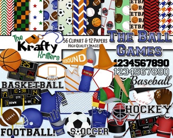 Puede incluir: Un conjunto de clipart digital que presenta ilustraciones de varios equipos deportivos y marcadores. El conjunto incluye imágenes de balones de baloncesto, pelotas de béisbol, discos de hockey, balones de fútbol, balones de fútbol y marcadores para cada deporte. El texto "The Ball Games" aparece en una pancarta azul en la parte superior de la imagen. El texto "1234567890" aparece en una pancarta azul en la parte inferior de la imagen.