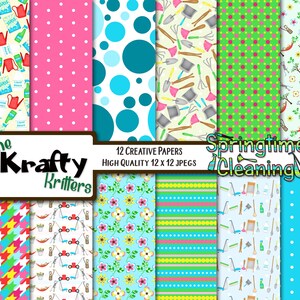 May include: Twelve digital paper designs featuring various spring cleaning and gardening themes. The papers include polka dots, stripes, floral patterns, and images of cleaning supplies and gardening tools. The text "The Krafty Kritters" and "Springtime Cleaning" is included in the image.
