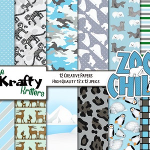 Könnte beinhalten: Ein Set mit 12 digitalen Papieren mit verschiedenen Tier- und Naturmotiven. Die Papiere beinhalten ein blaues Punkte-Muster, ein Tarnmuster, einen Leoparden-Druck, ein Pinguin-Muster, ein Rentier-Muster und mehr. Die Papiere sind mit "The Krafty Knitters" und "Zoo Chill" beschriftet.