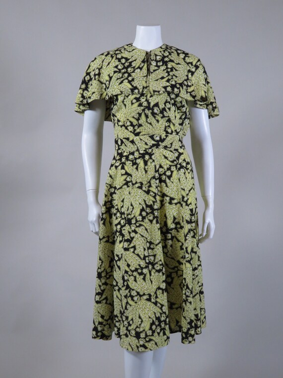 Yellow & Black Leaf Print Dress c. 1940s