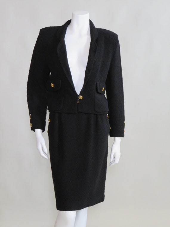 Adolfo c. 1980s 2pc Black Knit Wool Skirt Suit