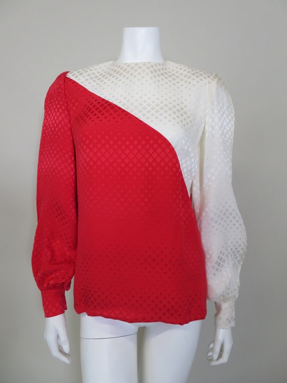 Andre Laug Red & White Blouse w/Scarf  - Silk Jacq