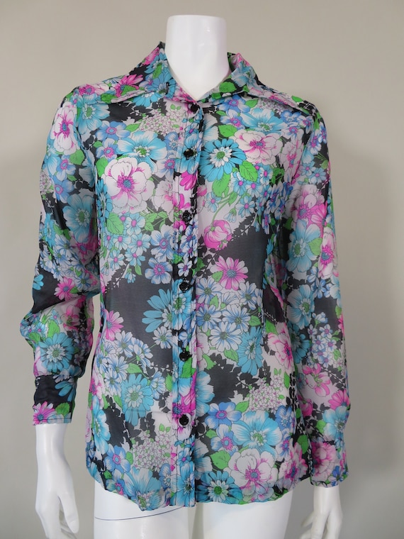 Floral Semi Sheer Button-Up Blouse c.1970s