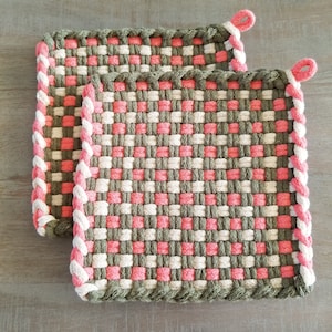 Sweet Willow-2 Piece Set, Handmade 100% Cotton Loom Pot Holders/Candle Coasters, Trivet, Gift for Her, Housewarming, Hostess, Teacher Gift