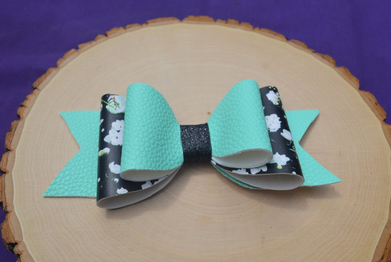 Floral Turquoise Glitter Handmade Alligator Clip Floral Hair Bows Faux Leather Hair Bows Pink