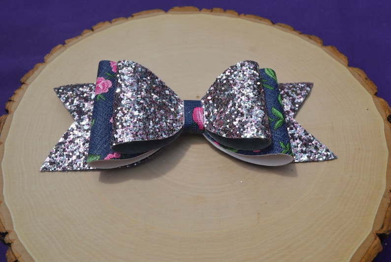 Floral Turquoise Glitter Handmade Alligator Clip Floral Hair Bows Faux Leather Hair Bows Pink