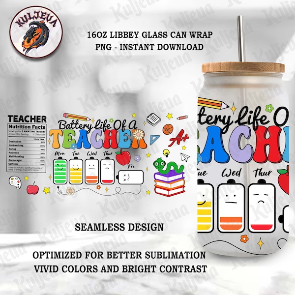 Teacher 100 Days Of School Libbey Glass Can Png, Teach Love Inspire, Teacher Gift 16oz Coffee Glass Wrap, Instant Download