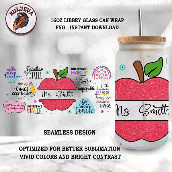 Custom Teacher 100 Days Of School Libbey Glass Can Png, Teach Love Inspire, Teacher Gift 16oz Coffee Glass Wrap, Instant Download