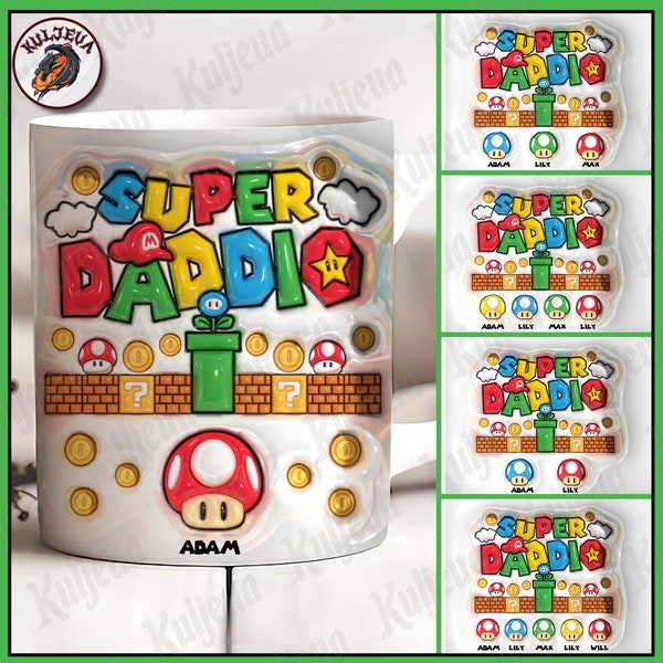 1-5 Kids Mushroom Father’s Day Super Daddio 3D Mug Wrap 11oz Design, Inflated Png Dad Super Daddio Custom Gift , Digital download