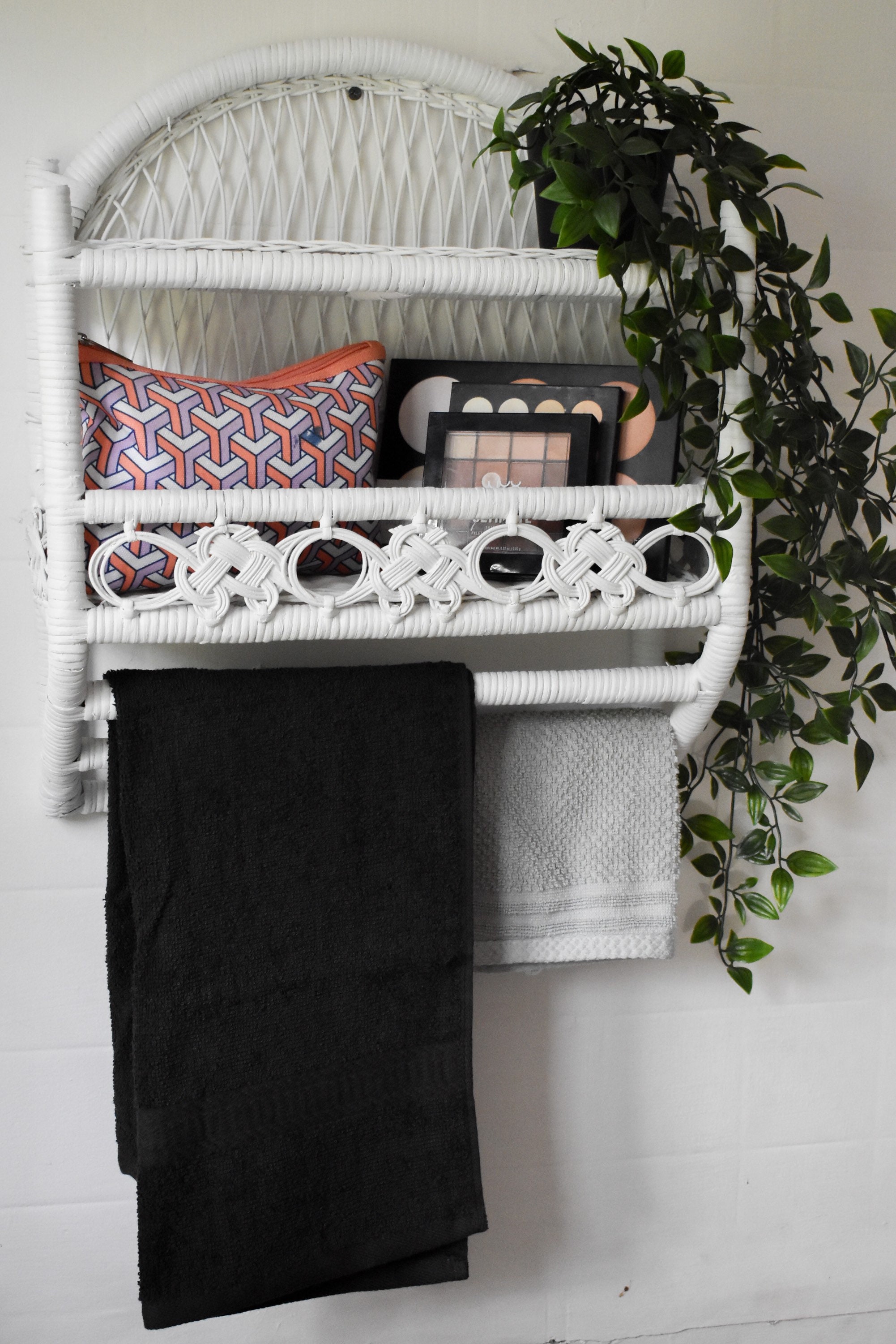 White Wicker Bathroom Shelf Towel Holder Etsy