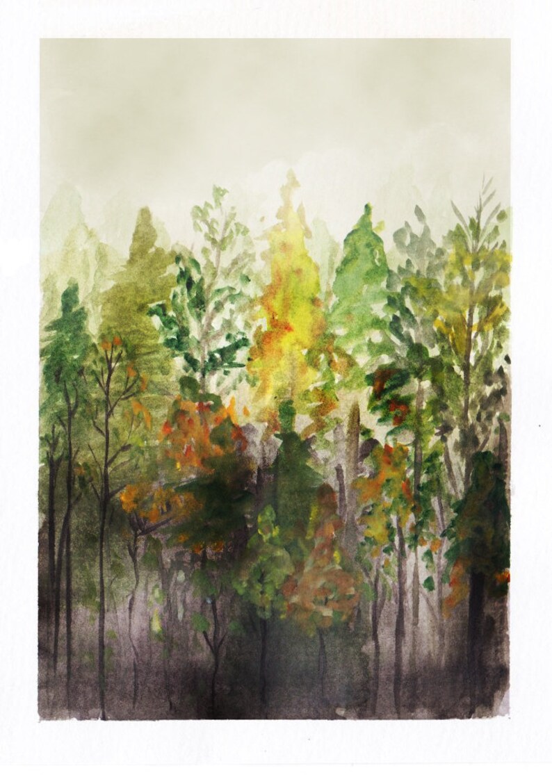 May include: A watercolor painting depicting a dense forest scene with various trees in shades of green, yellow, and orange. The artwork features a soft, hazy background that transitions into darker, muted tones at the base of the tree trunks.