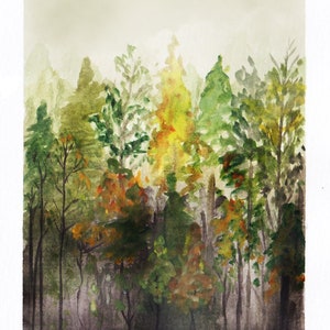 May include: A watercolor painting depicting a dense forest scene with various trees in shades of green, yellow, and orange. The artwork features a soft, hazy background that transitions into darker, muted tones at the bottom of the composition.