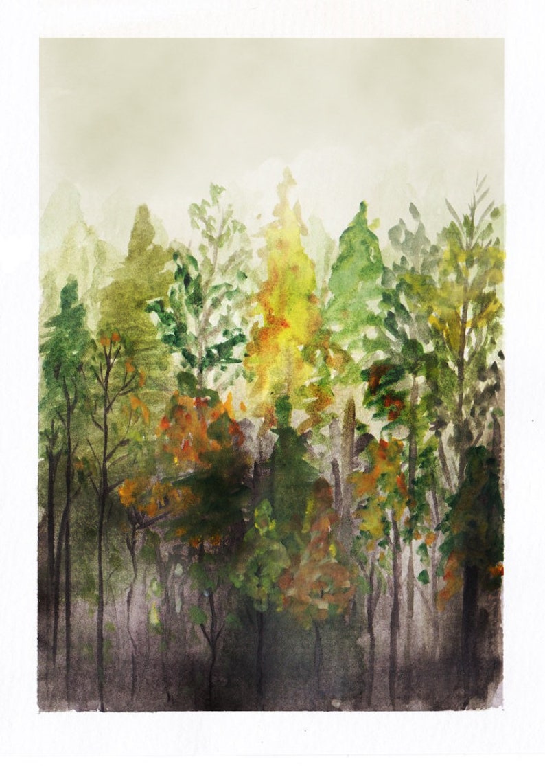 May include: A watercolor painting depicting a dense forest scene with various trees in shades of green, yellow, and orange. The artwork features a soft, hazy background that transitions into darker, muted tones at the bottom of the composition.