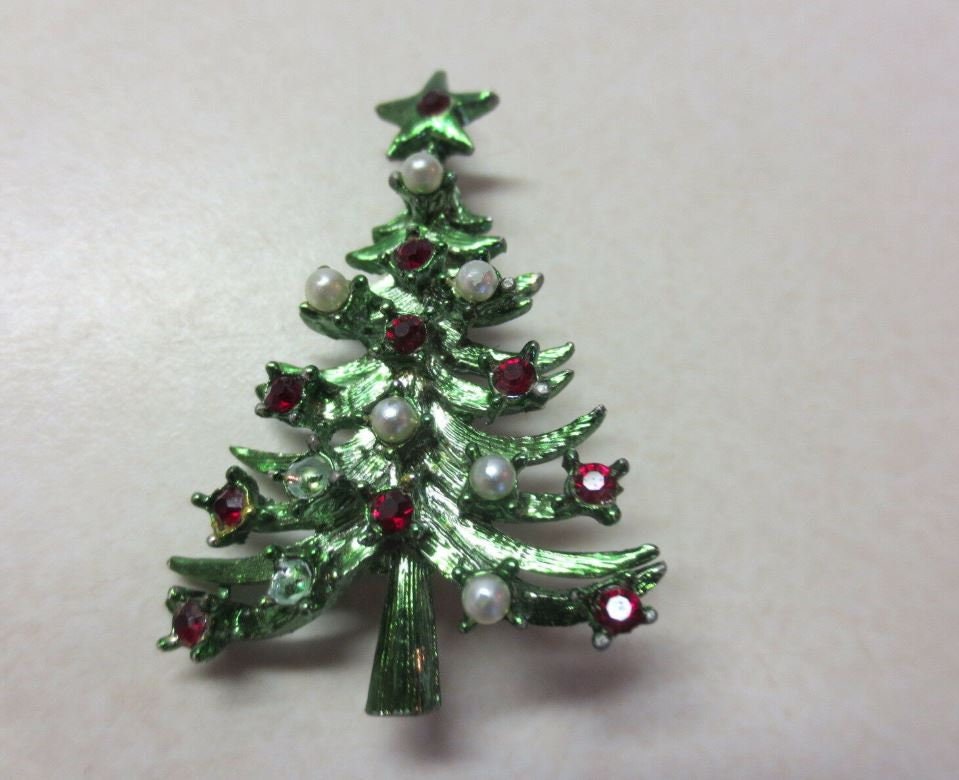 Nice Vintage Christmas Tree Pin MYLO Red Rhinestone Tiny Pearl Look Etsy