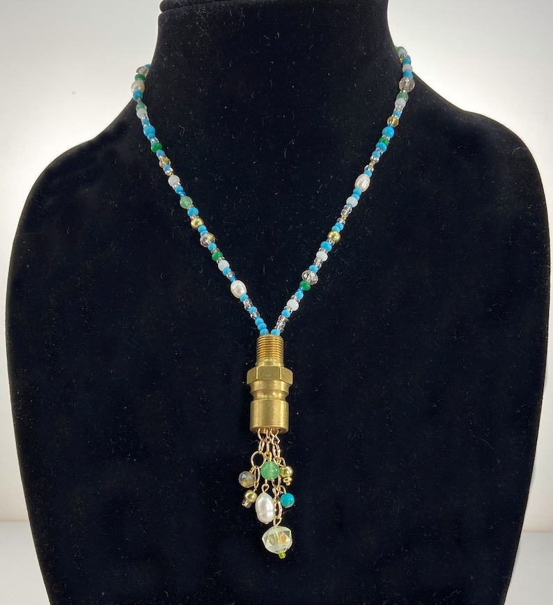 Brass fitting Crystal and Glass beads Brass Upcycled Necklace Aventurine beads Turquoise Necklace Pearl Necklace
