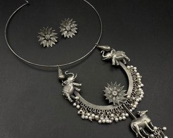 Aheli Antique Oxidized Handmade Green Mesh Boho Hasli Necklace for Women and Girls