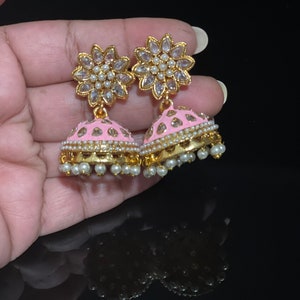 Pink Polki Earrings/ Indian Jhumkas/Indian Earrings/Bollywood Earrings/Indian Jewelry/Pakistani Jewelry/Meenakari Jhumkas