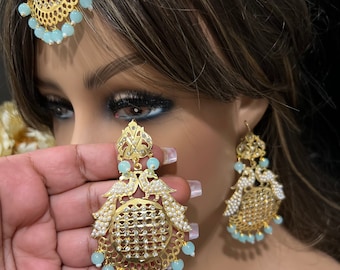 Förgyllda Jadau örhängen Tikka set/Lättvikts/Indiska örhängen/Punjabiska smycken/Tikka/Indiska örhängen/Pakistanska örhängen