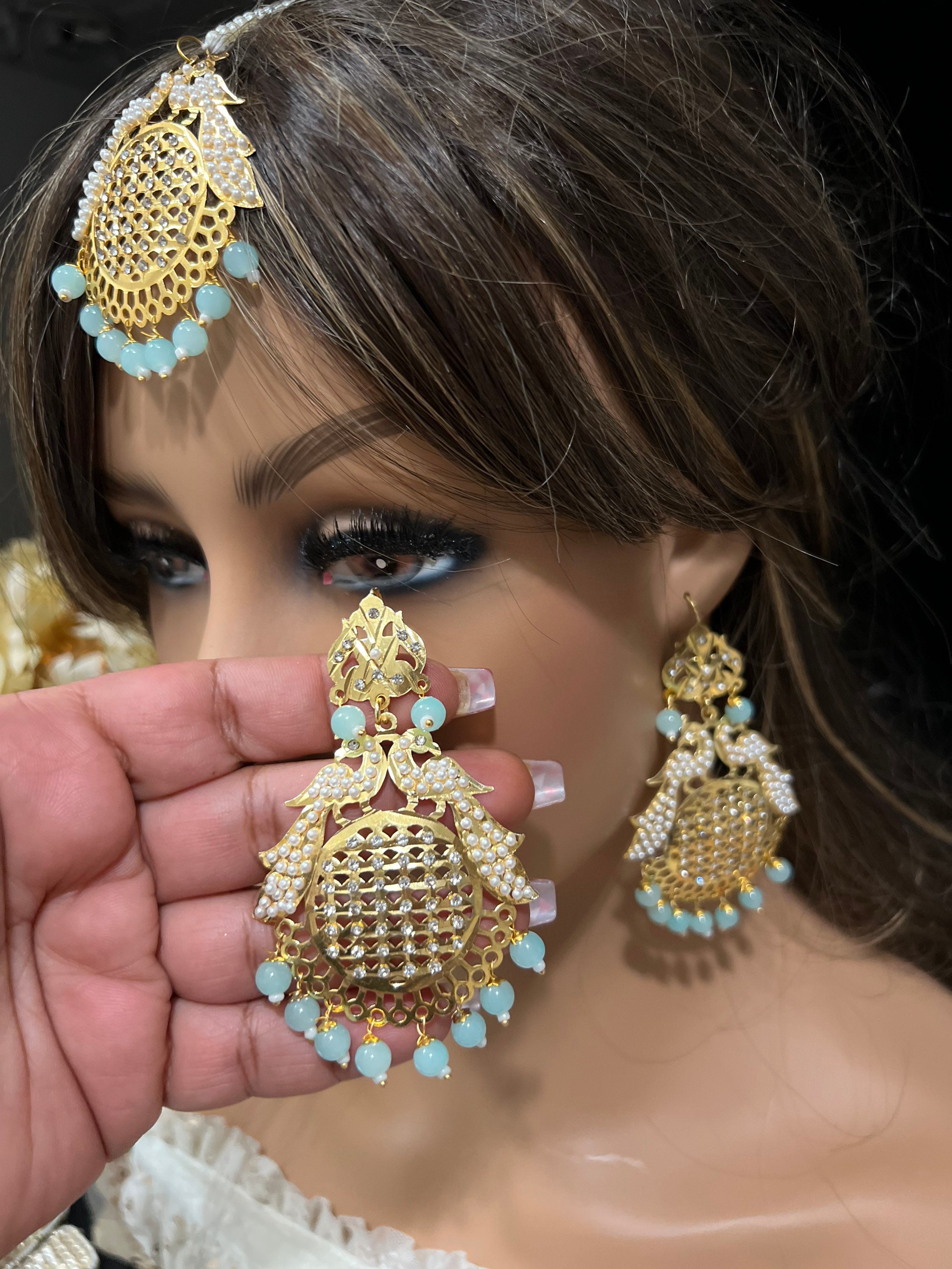 Designer High Gold Polish Fancy style Antique white stones Beautiful Party  wear Maang Tikka with Earring  Imitation Jewellery Online  Artificial  Jewelry Shopping for Womens