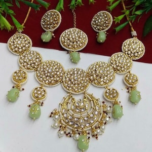 Green Mint Kundan Choker Set Earring Maang Tikka Kundan Necklace Set