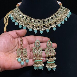 Mint Polki Kundan Choker Set Tikka Earrings Indian Jewelry Bollywood Necklace Indian Choker Pakistani Jewelry Indian Choker
