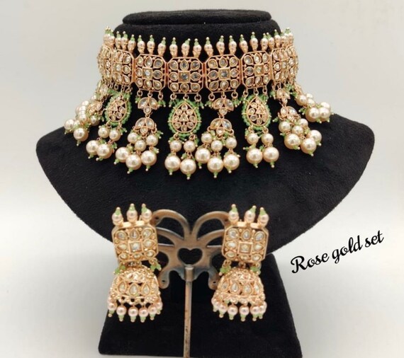 Mint Rose Gold Polki Kundan Choker 