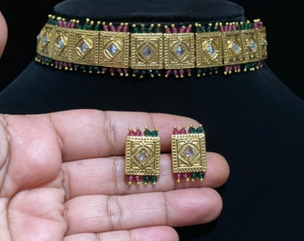 Red Green Gold Kundan Choker Set Hand Carved Brass Gold Plated Kundan Choker Gold Plated Choker Set Lightweight