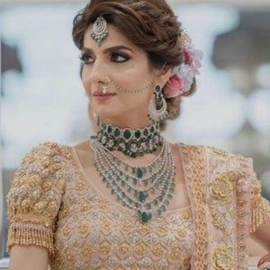 Set collana di diamanti smeraldo/girocollo di diamanti/collana lunga di diamanti/orecchini/Tikka/gioielli indiani/gioielli pakistani/No Nath