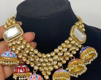 Big Size Hand Painted Meenakari Jhumki and Kundan Bollywood Necklace/ Back Side Meenakari/ 2 in 1 Choker Set/ Clearance