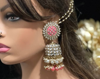 Kundan Earrings/Indian Jhumkas/ Large Earrings/Pearl Earrings/Ear Chain/ Indian Jewelry/Pakistani Jewelry