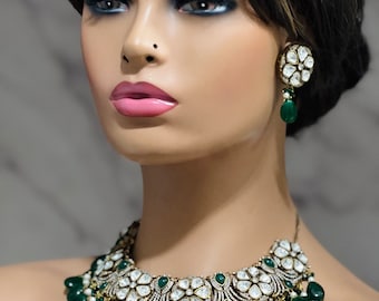 Vectorin Kundan Gargantilla Esmeralda Polki Gargantilla Pendientes Tayaani Kundan Collar Collar indio Gargantilla india Joyería paquistaní Joyería punjabi