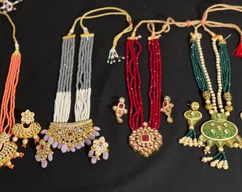Elegant Indian Wedding Jewelry Set - All 4 Long Necklace Set with Earrings and Kundan Necklace