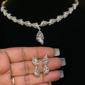 Dainty Choker Necklace/Earrings/Silver Choker/Diamond Choker/Indian Jewelry/Pakistani Jewelry/Indian Choker/Diamond Necklace