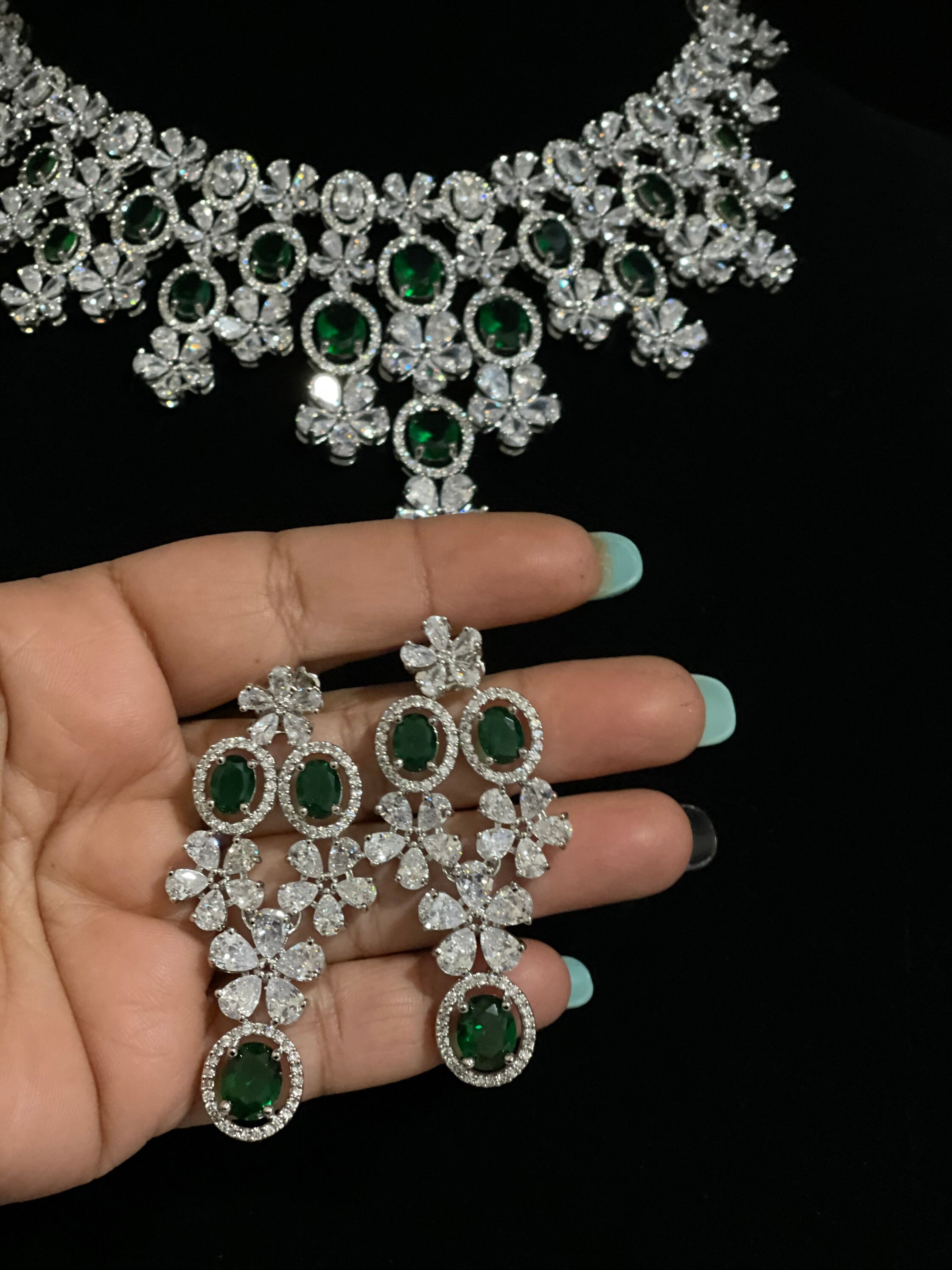 Emerald Necklace/CZ Diamond Necklace Set/Green Diamond | Etsy