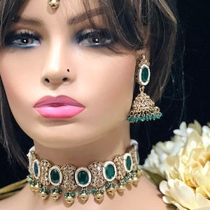 Antique Gold Polki Kundan Choker Earrings Tika Monalisa Stone Indian Choker Pakistani Jewelry Punjabi Jewelry Indian Jewelry