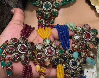 Gargantilla Navratan/Gargantilla Kundan/Conjunto de gargantilla Kundan/Conjunto de gargantilla Jadau Kundan/Gargantilla india/Joyería paquistaní/Joyería india