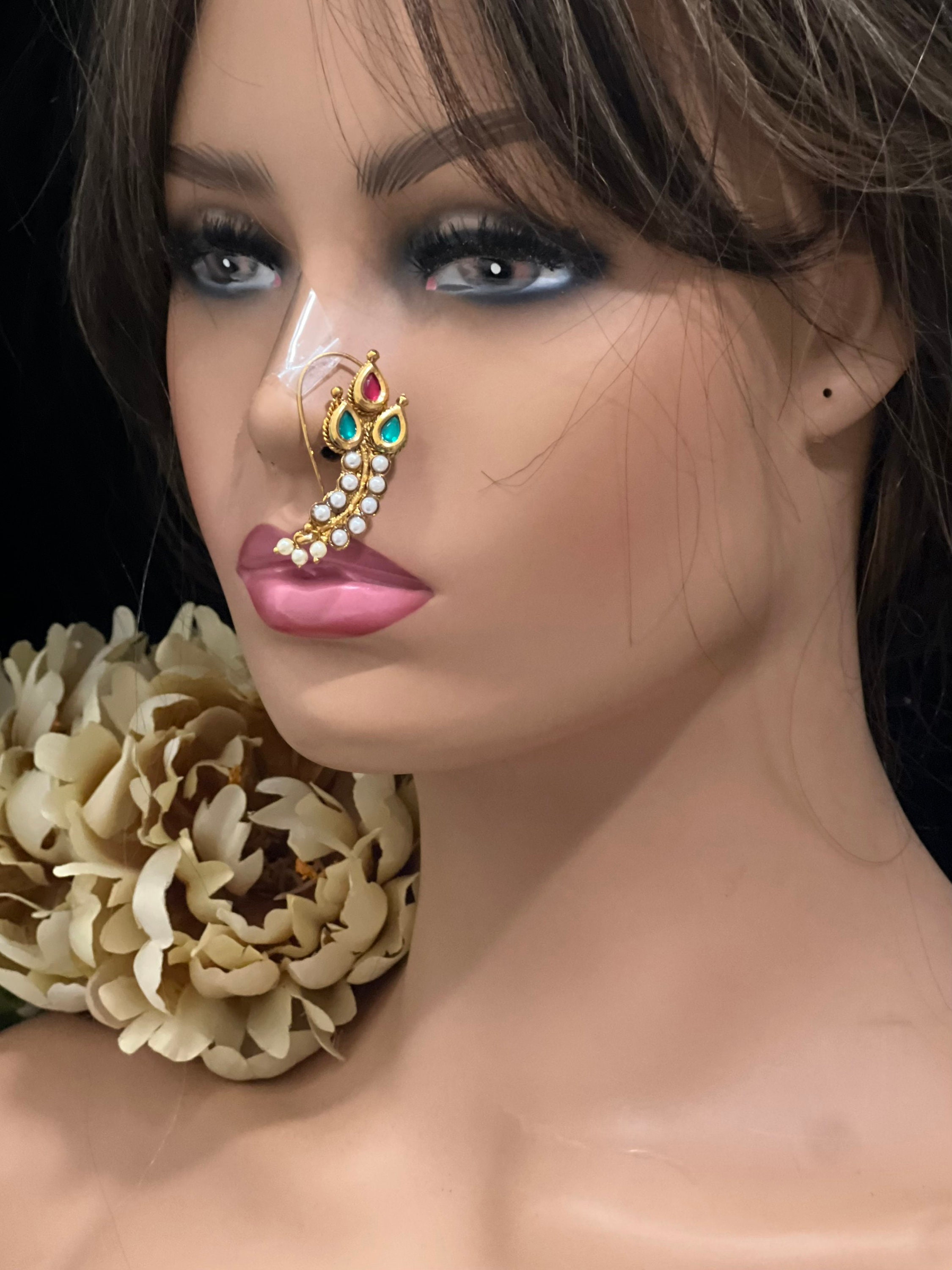Jadau Nath Maharashtrian Gold Plated Nath handmade Jewelry Piercing Required Nose Ring Indian Nose Ring Left Side Only Etsy Canada