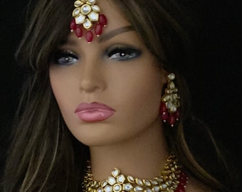 Zestaw naszyjników Kundan/Prawdziwy Kundan/Tikka/Kolczyki/Biżuteria indyjska/Biżuteria pakistańska/Indyjski choker/Tylna strona Meenakari/Wyprzedaż