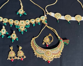 All 3  Kundan Choker Necklace Set Indian Jewelry Pakistani Jewelry Punjabi Jewelry Kundan Choker Kundan Jewelry Combo Set