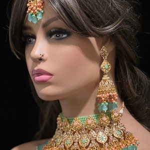 Mint Polki Necklace/Earrings/Gold Choker/Polki Kundan Necklace/Polki Choker/Tikka/Indian Jewelry/Pakistani Jewelry/Bridal Jewelry