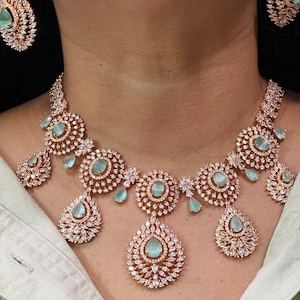 American Diamond CZ Necklace Set - Rose Gold Chain with Sparkling Cubic Zirconia and Crystal Elements