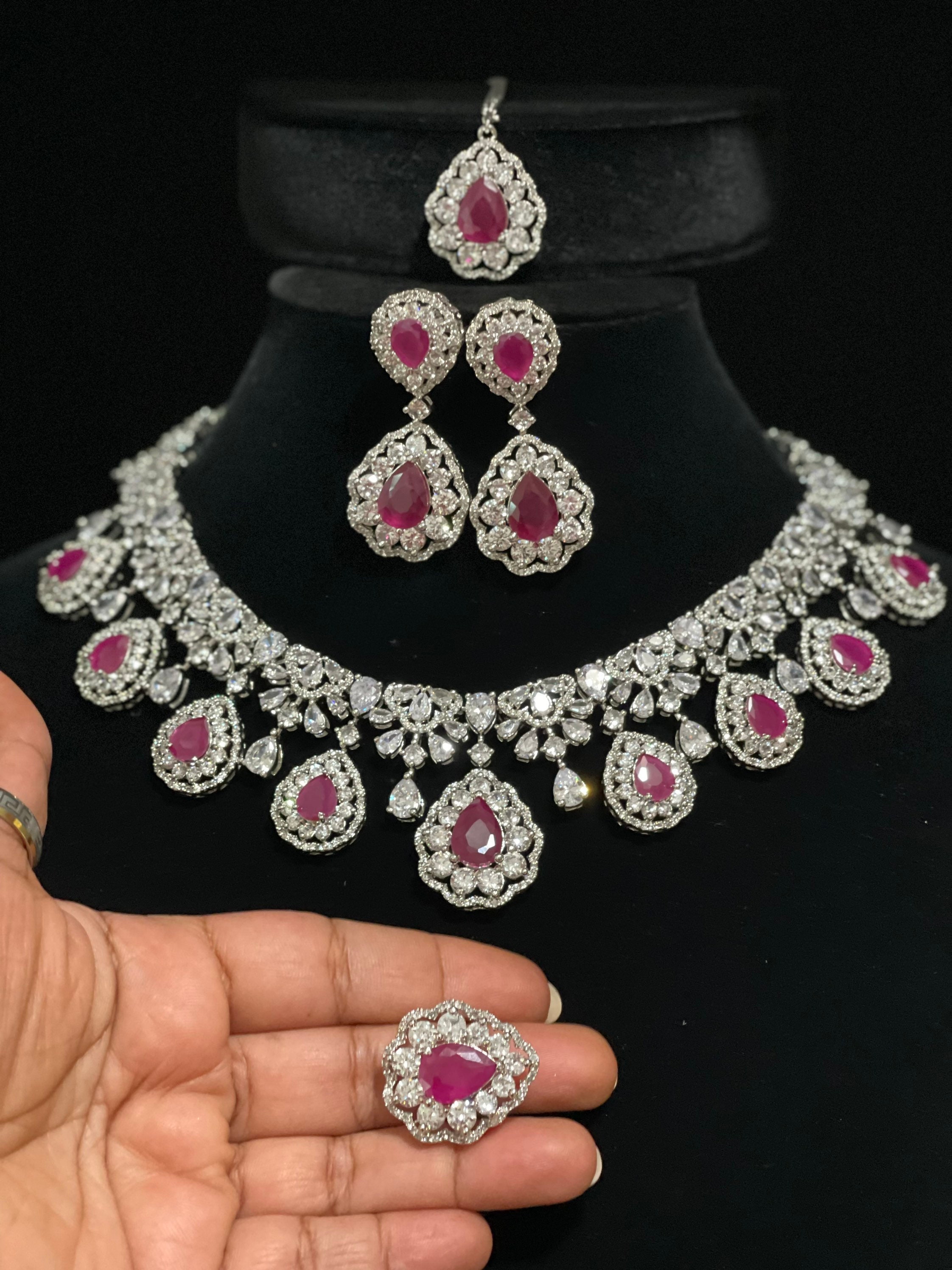 5 Piece Ruby Diamond Necklace Set CZ Diamond Necklace Chain