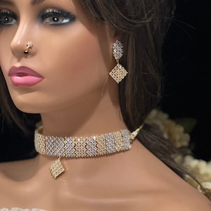 Sparkling Diamond Choker with American Diamond Necklace - White Rhodium Cubic Zirconia - Indian Inspired