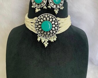 Antique Necklace Set/ Oxidized Jewelry/ German Silver Jewelry/ Diamond Kundan Choker