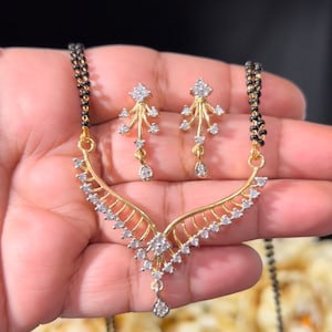 Amerikanischer Diamant Vergoldetes Mangalsutra / CZ Diamant Mangalsutra / Mangalsutra / Ohrringe / Schwarzes Perlen Mangalsutra / Mangalsutra Replik
