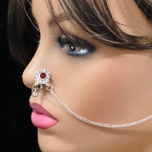 Silver Nose To Ear Chain/ Clip On/ Beaded Chain Jewelry/ Gold Kundan Nose Ring/ Boho Jewelry/ No Piercing/ Nose Clip/ Nose Ring/ Nose Chain