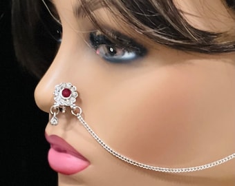 Silver Nose To Ear Chain/ Clip On/ Beaded Chain Jewelry/ Gold Kundan Nose Ring/ Boho Jewelry/ No Piercing/ Nose Clip/ Nose Ring/ Nose Chain
